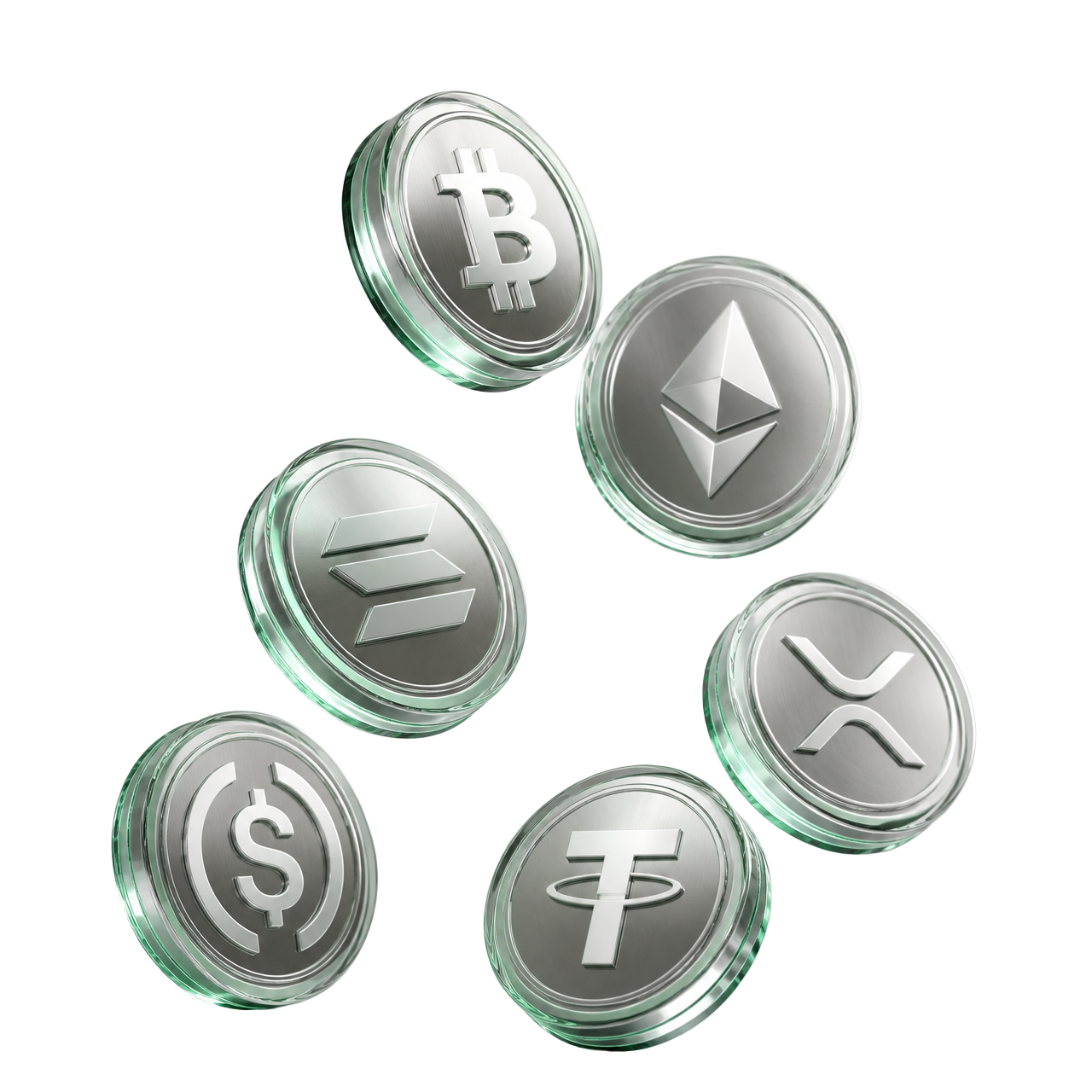 Elegante Glas- und Metall-Darstellung digitaler Assets wie Bitcoin, Ethereum und USDC